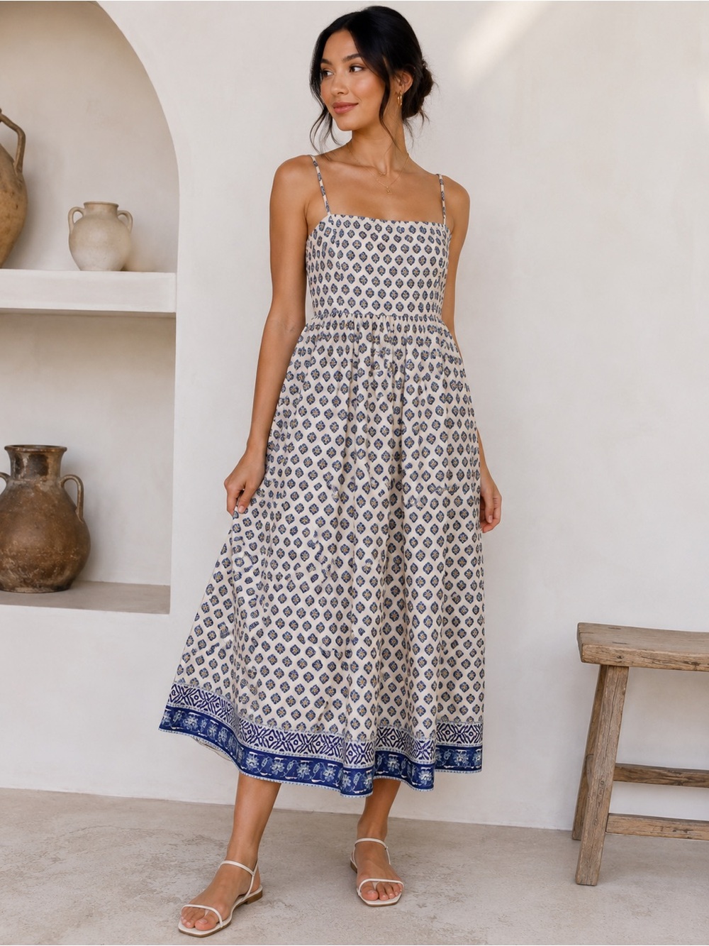 H&M Cream and Blue Printed Midi Dress